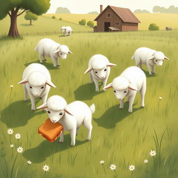 In a picturesque farm meadow, several little lambs are bent over, grazing on the tender grass