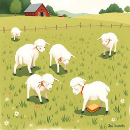 In a picturesque farm meadow, several little lambs are bent over, grazing on the tender grass