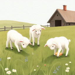 In a picturesque farm meadow, several little lambs are bent over, grazing on the tender grass