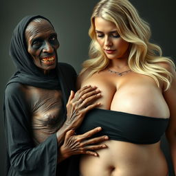 An elderly malnourished African woman, aged 150 years with decayed teeth, wearing a long, fully closed black outfit, is tightly grasping the enormous breasts of a voluptuous blonde woman