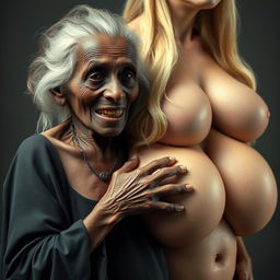 An elderly malnourished African woman, aged 150 years with decayed teeth, wearing a long, fully closed black outfit, is tightly grasping the enormous breasts of a voluptuous blonde woman