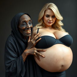 An elderly malnourished African woman, aged 150 years with decayed teeth, wearing a long, fully closed black outfit, is tightly grasping the enormous breasts of a voluptuous blonde woman
