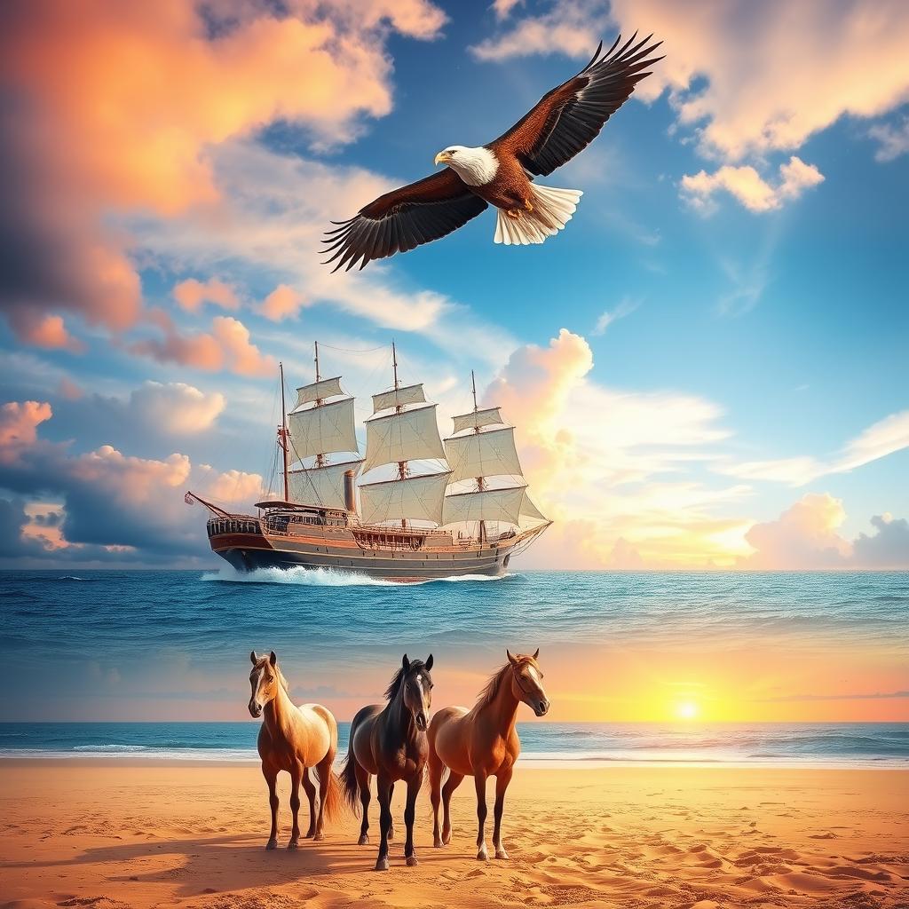 A majestic ship sailing through a vast ocean, surrounded by beautiful horses standing gracefully on the sandy shore
