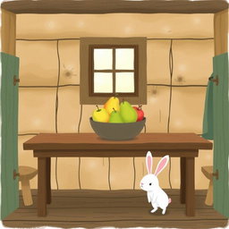 Inside a cozy farm cabin, on a rustic wooden table, sits a fruit bowl containing only apples and pears elegantly arranged