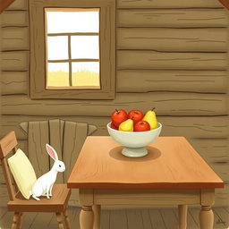 Inside a cozy farm cabin, on a rustic wooden table, sits a fruit bowl containing only apples and pears elegantly arranged