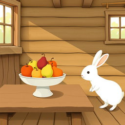 Inside a cozy farm cabin, on a rustic wooden table, sits a fruit bowl containing only apples and pears elegantly arranged
