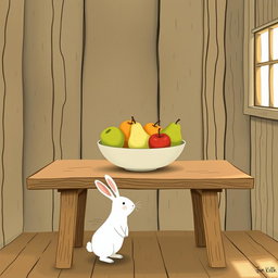 Inside a cozy farm cabin, on a rustic wooden table, sits a fruit bowl containing only apples and pears elegantly arranged