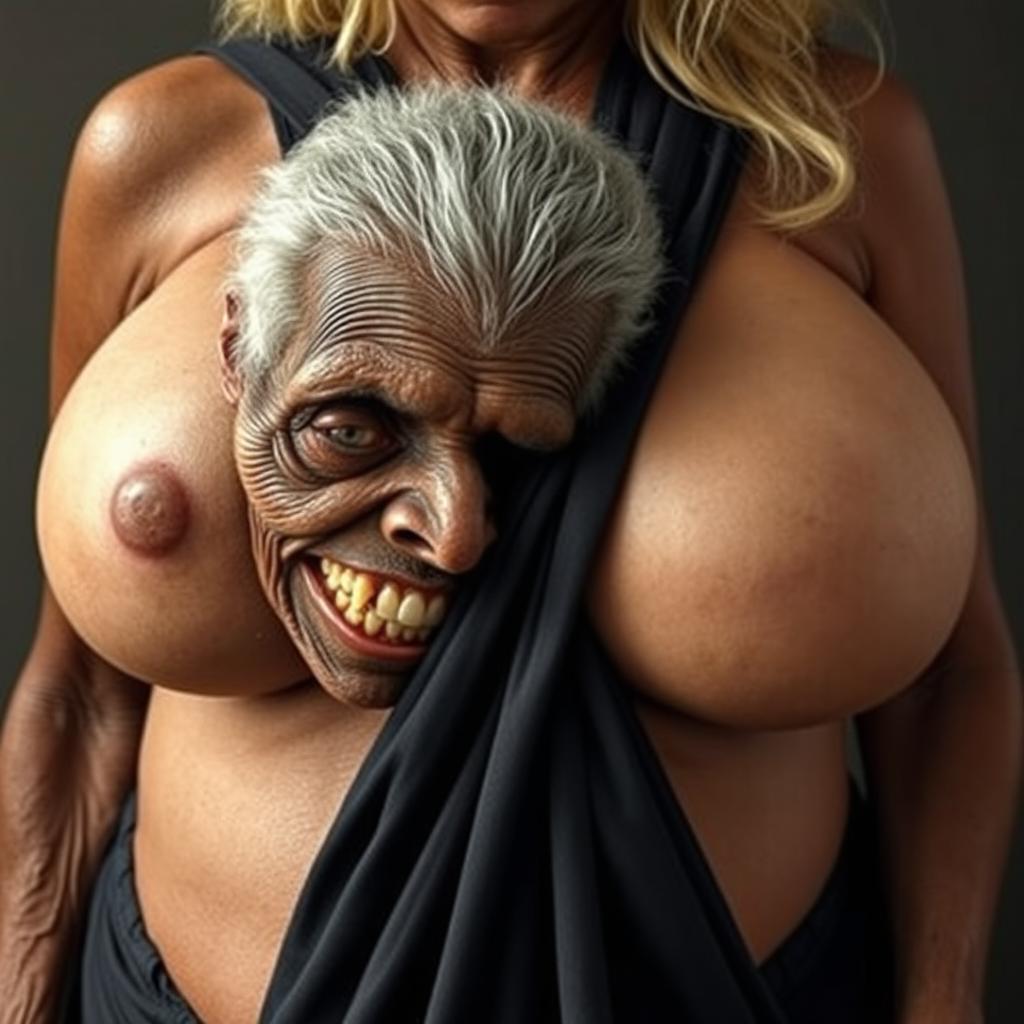 An elderly, malnourished African woman, aged 150 years with decayed teeth, dressed in a long, fully closed black garment, is pressing her face between the enormous breasts of a voluptuous blonde woman