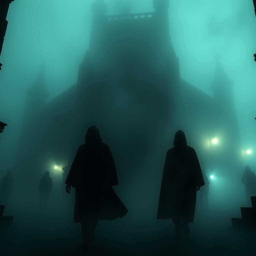 A mysterious foggy atmosphere with shadowy figures and enigmatic buildings
