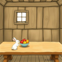 Inside a cozy farm cabin, a wooden table holds a fruit bowl containing only beautifully arranged apples and pears