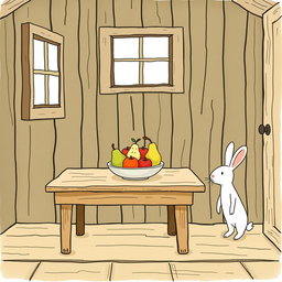 Inside a cozy farm cabin, a wooden table holds a fruit bowl containing only beautifully arranged apples and pears
