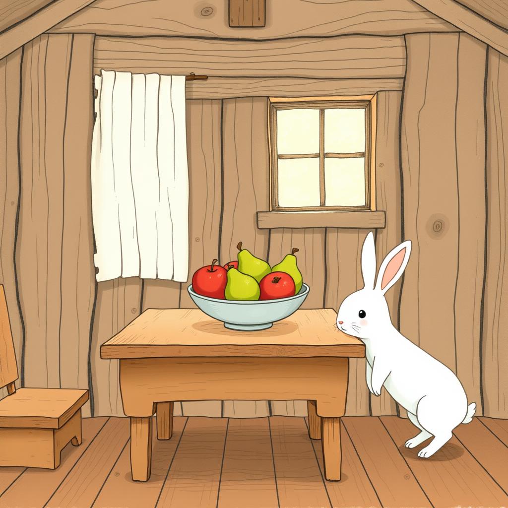 Inside a cozy farm cabin, a wooden table holds a fruit bowl containing only beautifully arranged apples and pears