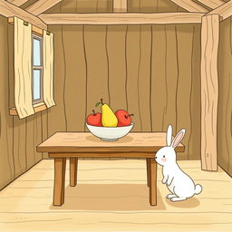 Inside a cozy farm cabin, a wooden table holds a fruit bowl containing only beautifully arranged apples and pears