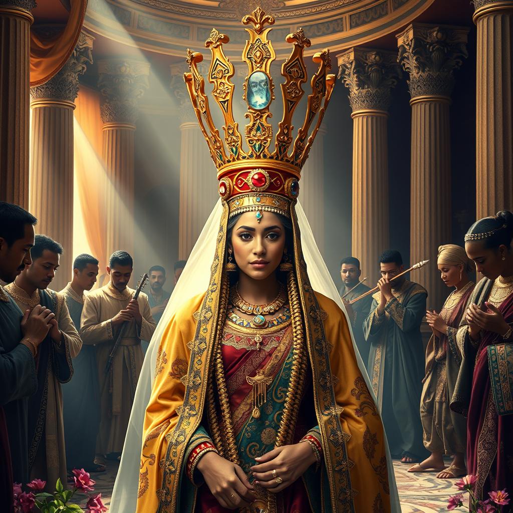 An elegant and majestic scene depicting the coronation of Queen Sheba