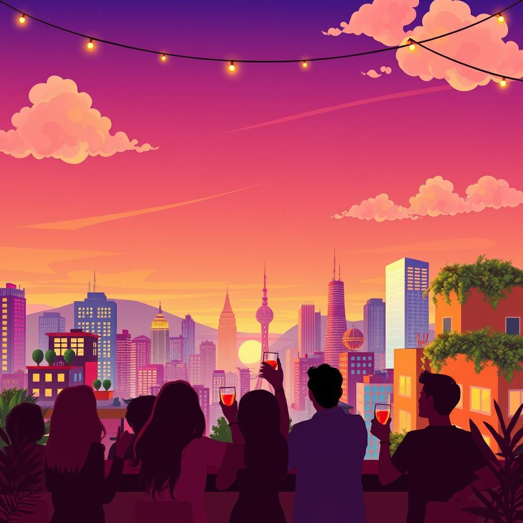 An illustration of a vibrant, bustling city skyline during sunset, with colorful buildings reflecting the warm hues of the sky