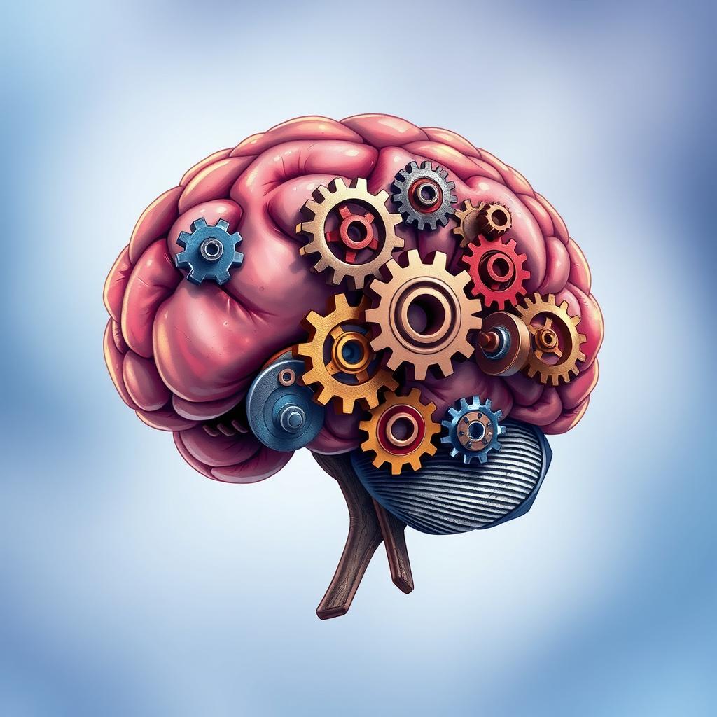 A detailed illustration of a human brain with gears intricately turning inside it, symbolizing complex thoughts and creativity