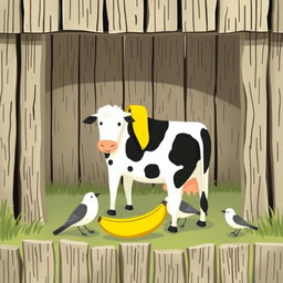 Inside a farmyard surrounded by a rustic wooden fence, a cow stands with a piece of banana peel resting on its back
