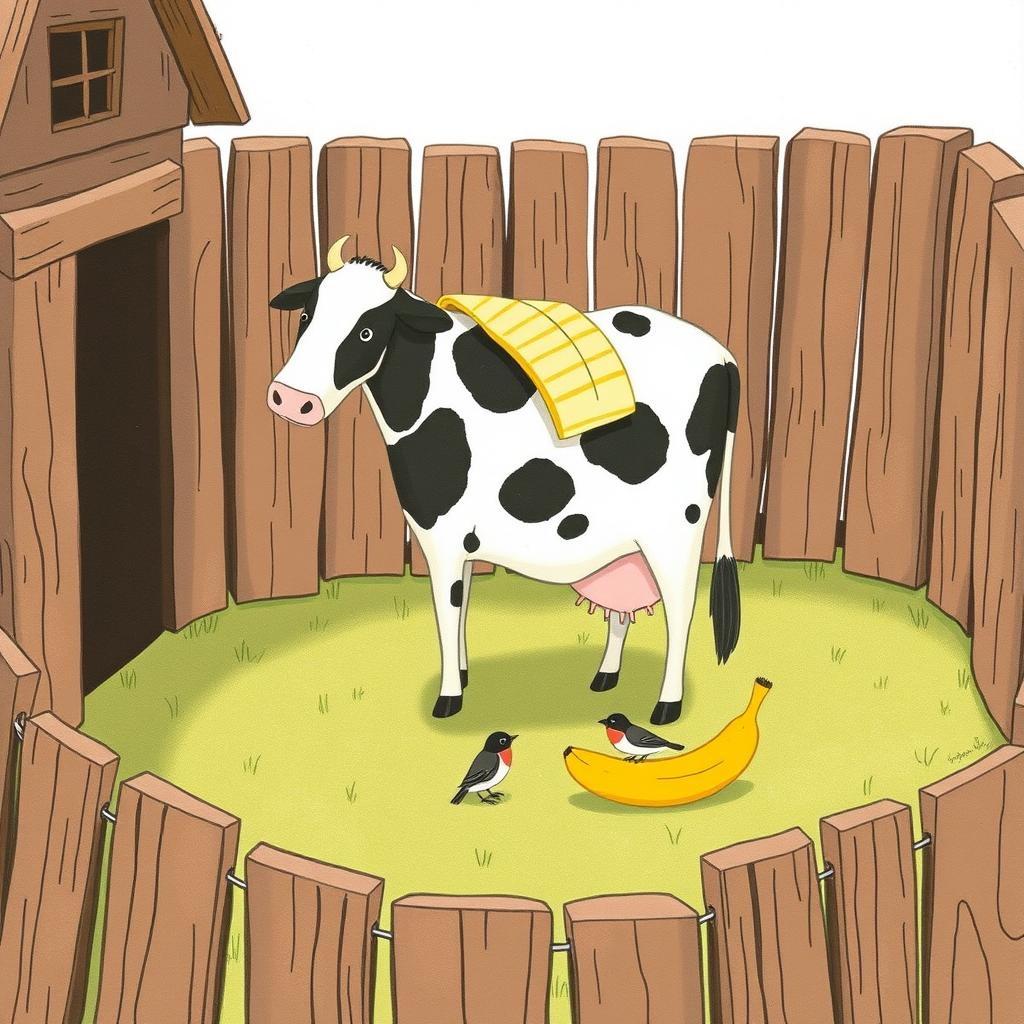 Inside a farmyard surrounded by a rustic wooden fence, a cow stands with a piece of banana peel resting on its back