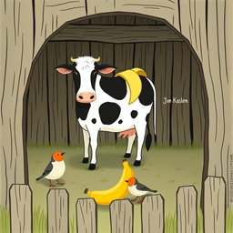 Inside a farmyard surrounded by a rustic wooden fence, a cow stands with a piece of banana peel resting on its back