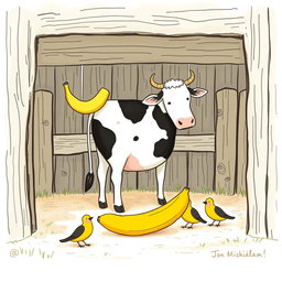 Inside a farmyard surrounded by a rustic wooden fence, a cow stands with a piece of banana peel resting on its back