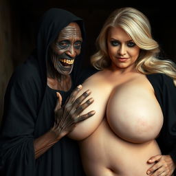 An elderly, malnourished African woman, appearing to be 150 years old with decayed teeth, dressed in a long, fully closed black garment, is pressing her hands firmly against the chest of a voluptuous blonde woman