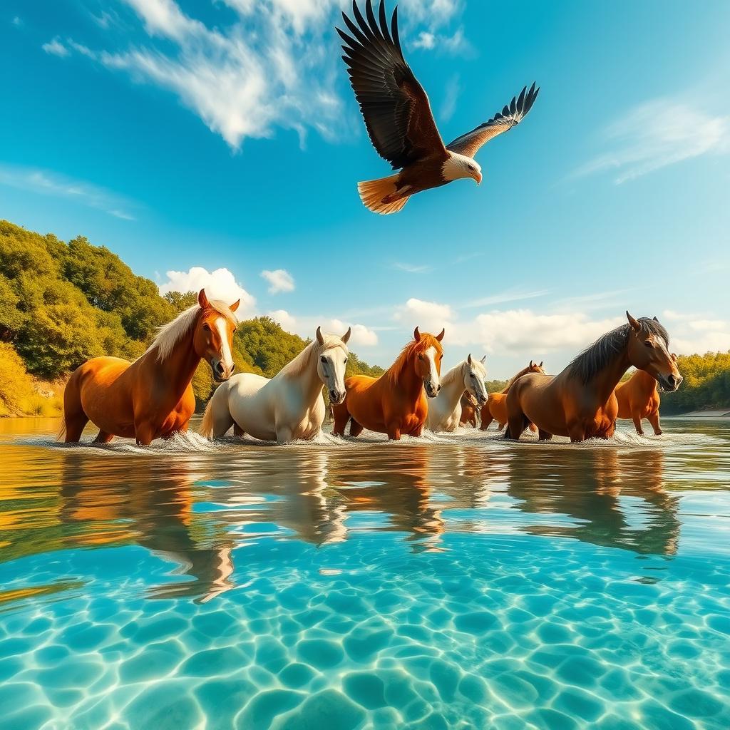 A stunning scene featuring a beautiful herd of horses gracefully wading in crystal-clear water, their majestic forms reflecting in the rippling surface