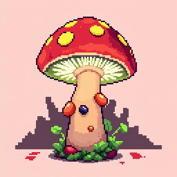 A pixel art representation of a whimsical lamp shaped like a mushroom, featuring vibrant colors and unique details; the mushroom lamp emits a soft glow, casting a warm light in a cozy setting