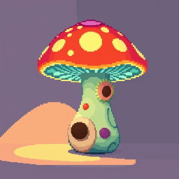A pixel art representation of a whimsical lamp shaped like a mushroom, featuring vibrant colors and unique details; the mushroom lamp emits a soft glow, casting a warm light in a cozy setting