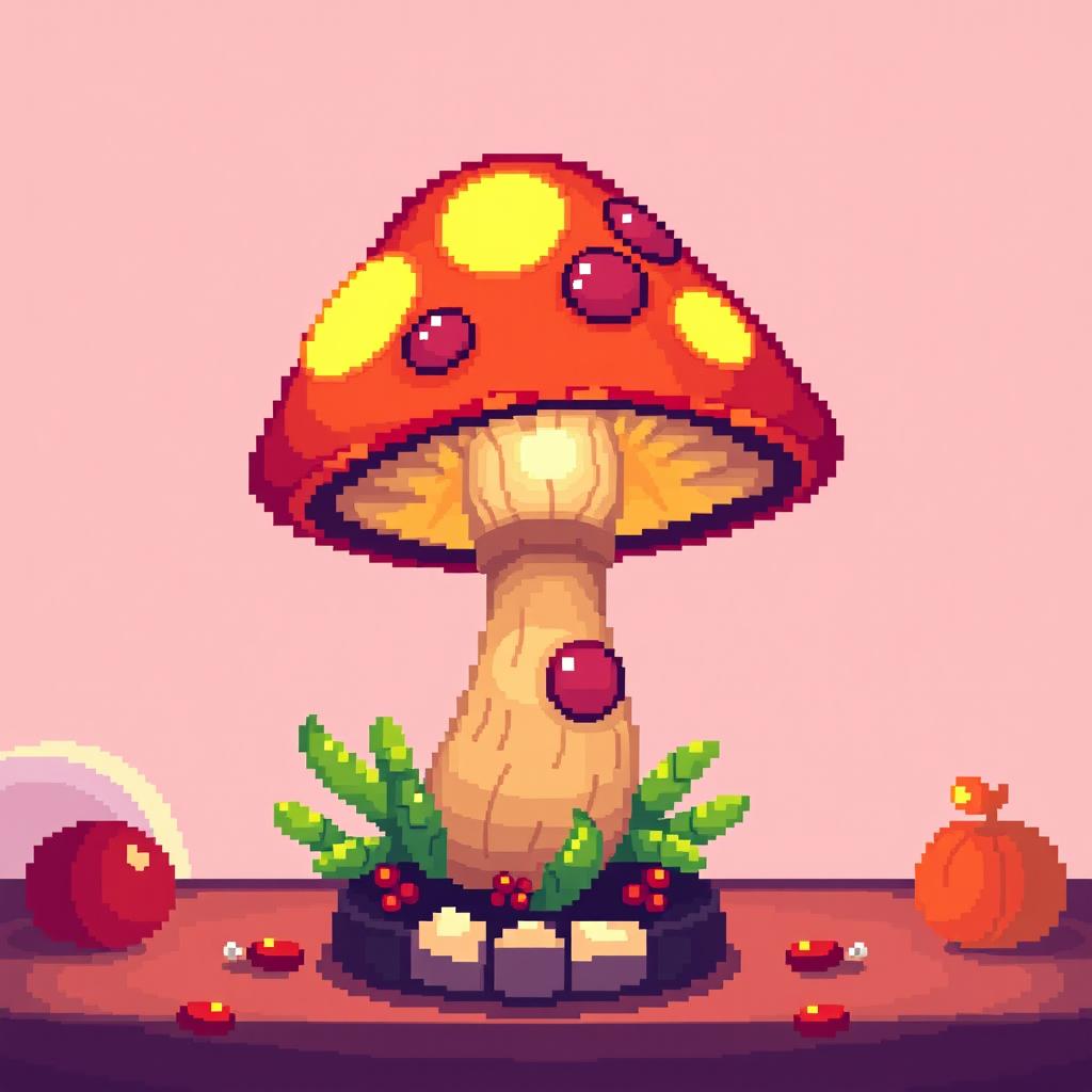 A pixel art representation of a whimsical lamp shaped like a mushroom, featuring vibrant colors and unique details; the mushroom lamp emits a soft glow, casting a warm light in a cozy setting