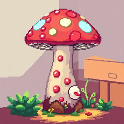 A pixel art representation of a whimsical lamp shaped like a mushroom, featuring vibrant colors and unique details; the mushroom lamp emits a soft glow, casting a warm light in a cozy setting