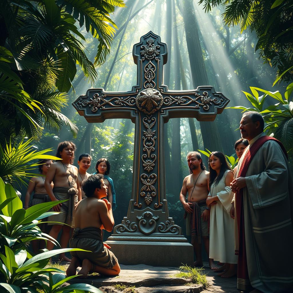 Ñuflo de Chaves, a Spanish explorer, kneeling respectfully in front of a beautifully ornate cross, its surface gleaming with intricate carvings and symbols, set in the lush, vibrant greenery of the jungle