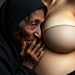 An elderly, malnourished African woman, appearing to be 150 years old with decayed teeth, dressed in a long, completely closed black outfit, is vigorously pressing her face against the exceptionally large breasts of a voluptuous blonde woman