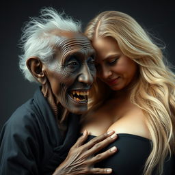 An elderly, malnourished African woman, appearing to be 150 years old with decayed teeth, dressed in a long, completely closed black outfit, is vigorously pressing her face against the exceptionally large breasts of a voluptuous blonde woman