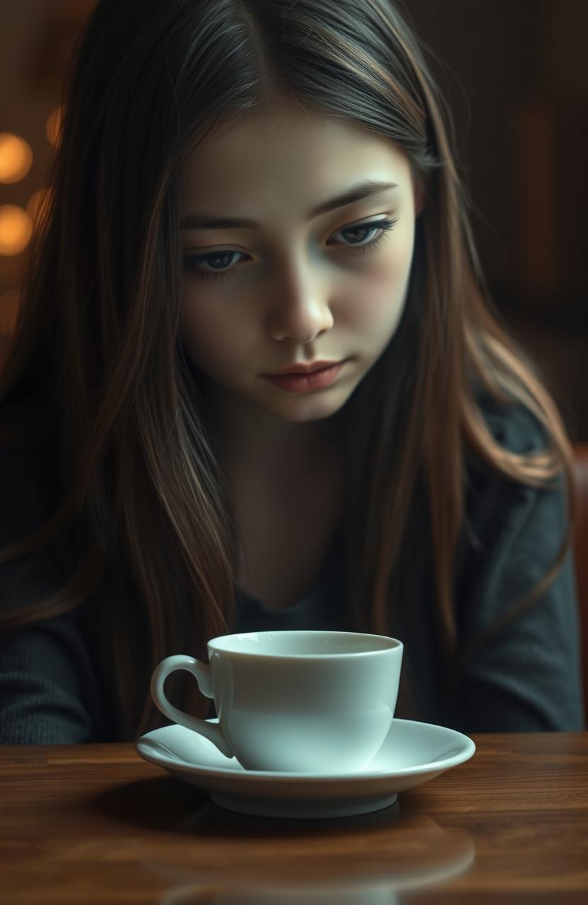 A melancholic scene featuring a sad girl sitting alone at a table, her expression reflecting deep thoughts and feelings of loneliness