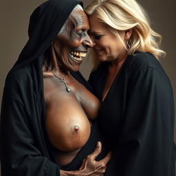 An elderly, malnourished African woman, appearing to be 150 years old with decayed teeth, clad in a long, completely closed black outfit, is forcefully pressing her face against the incredibly large breasts of a voluptuous blonde woman