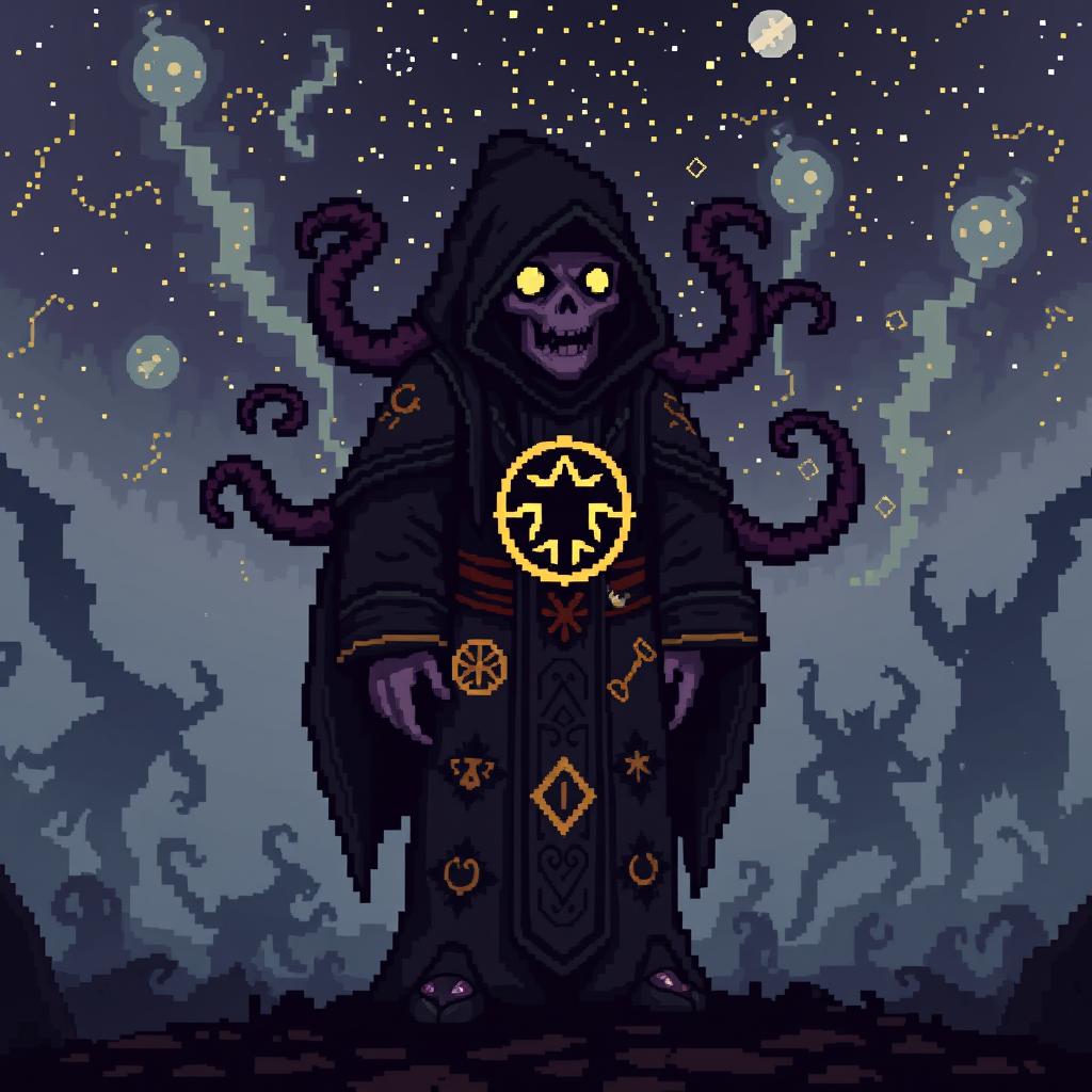 A pixelated character design of a fictional character inspired by the works of H