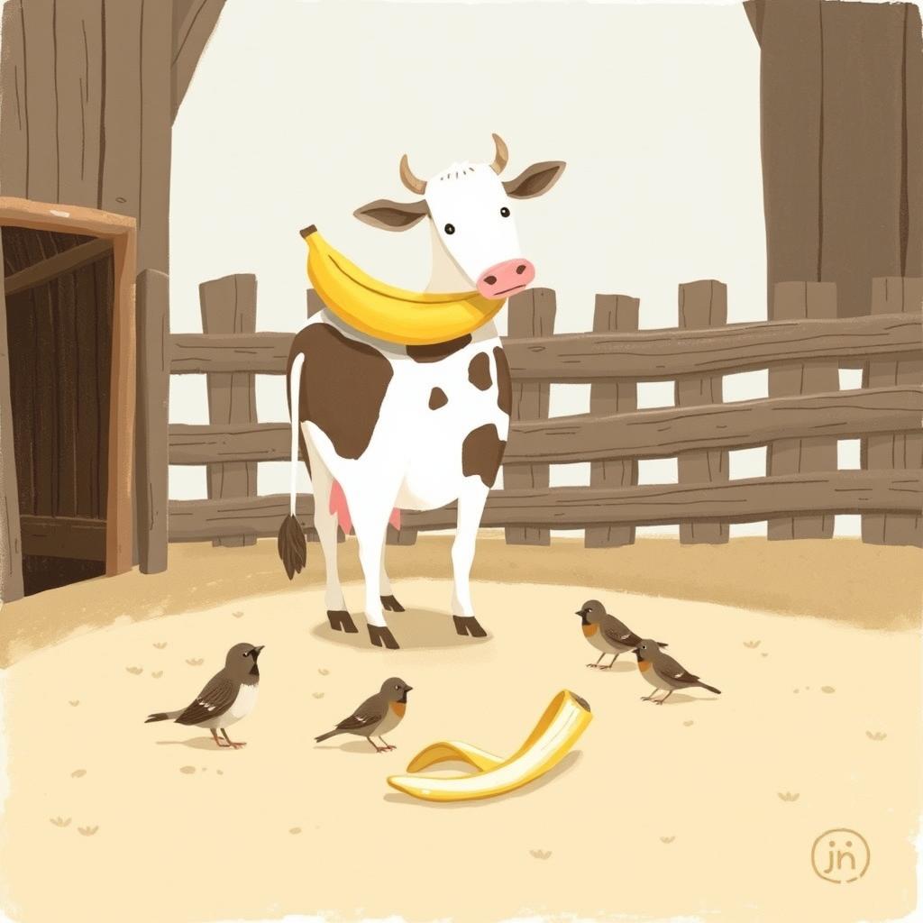 Inside a farmyard with a rustic wooden fence, a cow stands with a single banana resting on its back