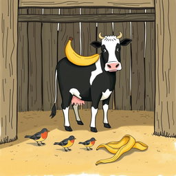 Inside a farmyard with a rustic wooden fence, a cow stands with a single banana resting on its back