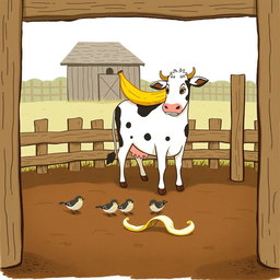Inside a farmyard with a rustic wooden fence, a cow stands with a single banana resting on its back