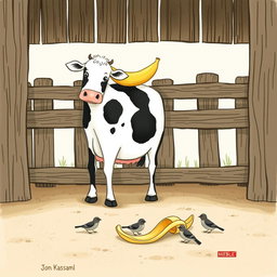 Inside a farmyard with a rustic wooden fence, a cow stands with a single banana resting on its back