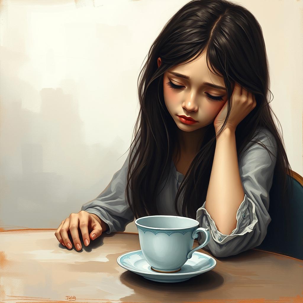 An evocative painting of a sad girl sitting at a table, her expression filled with melancholy and introspection