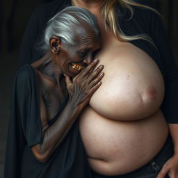 An elderly, malnourished African woman, appearing to be 150 years old with decayed teeth, wears a long, completely closed black outfit