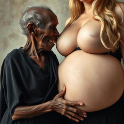 An elderly, malnourished African woman, appearing to be 150 years old with decayed teeth, wears a long, completely closed black outfit