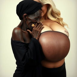 An elderly, malnourished African woman, appearing to be 150 years old with decayed teeth, wears a long, completely closed black outfit