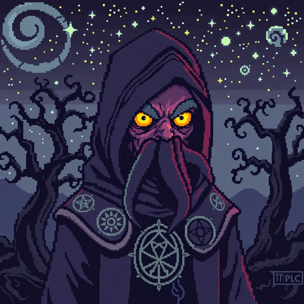 A pixelated character design of a fictional figure named Govard Phillips, drawing inspiration from the eerie themes of H