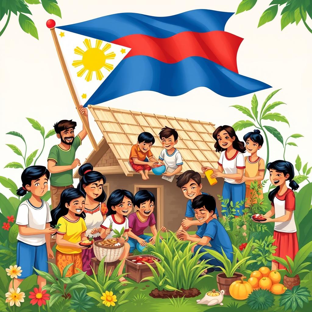 A vibrant and lively illustration showcasing a community of diverse people engaging in the traditional Filipino spirit of 'bayanihan', helping each other with joy and cooperation