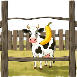 Inside a farmyard, a rustic wooden fence surrounds a scene where a cow stands proudly with a banana perched on its back
