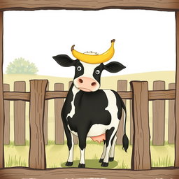 Inside a farmyard, a rustic wooden fence surrounds a scene where a cow stands proudly with a banana perched on its back