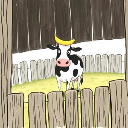 Inside a farmyard, a rustic wooden fence surrounds a scene where a cow stands proudly with a banana perched on its back