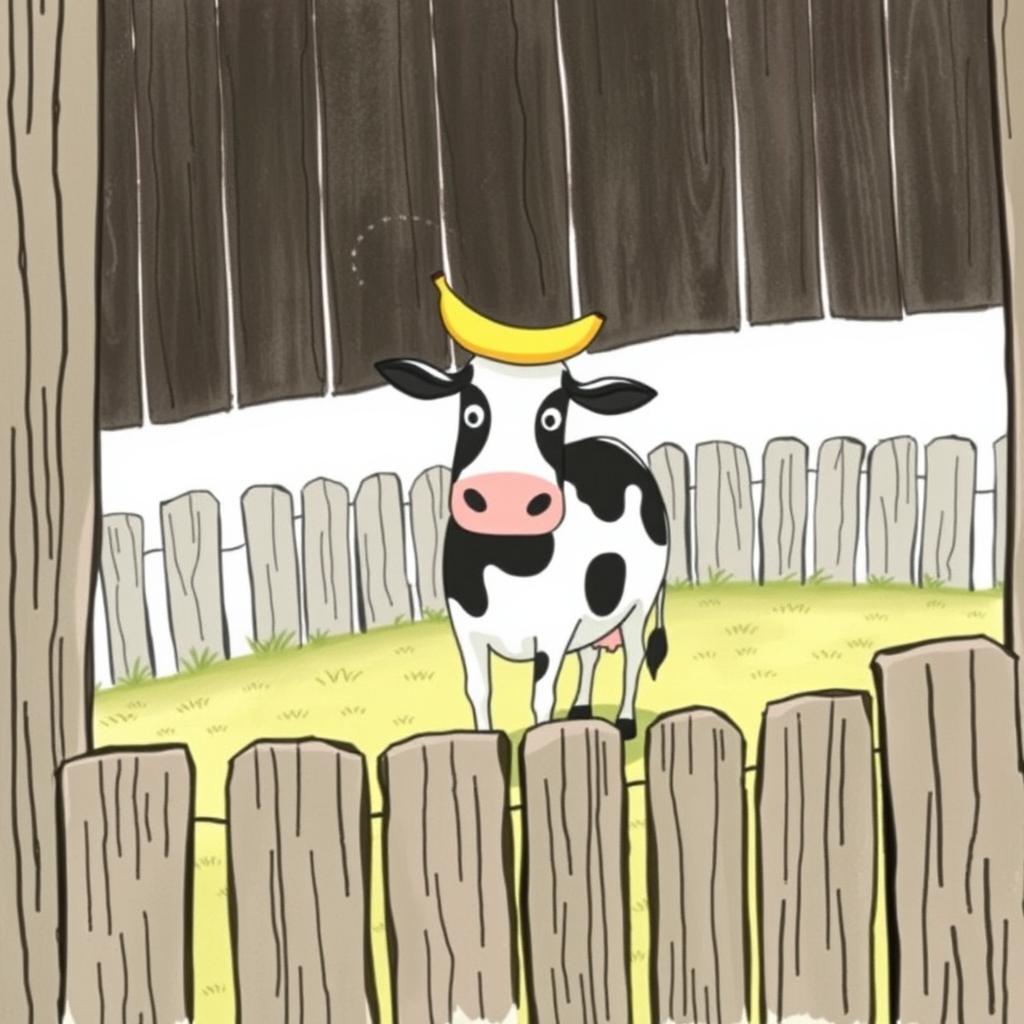 Inside a farmyard, a rustic wooden fence surrounds a scene where a cow stands proudly with a banana perched on its back